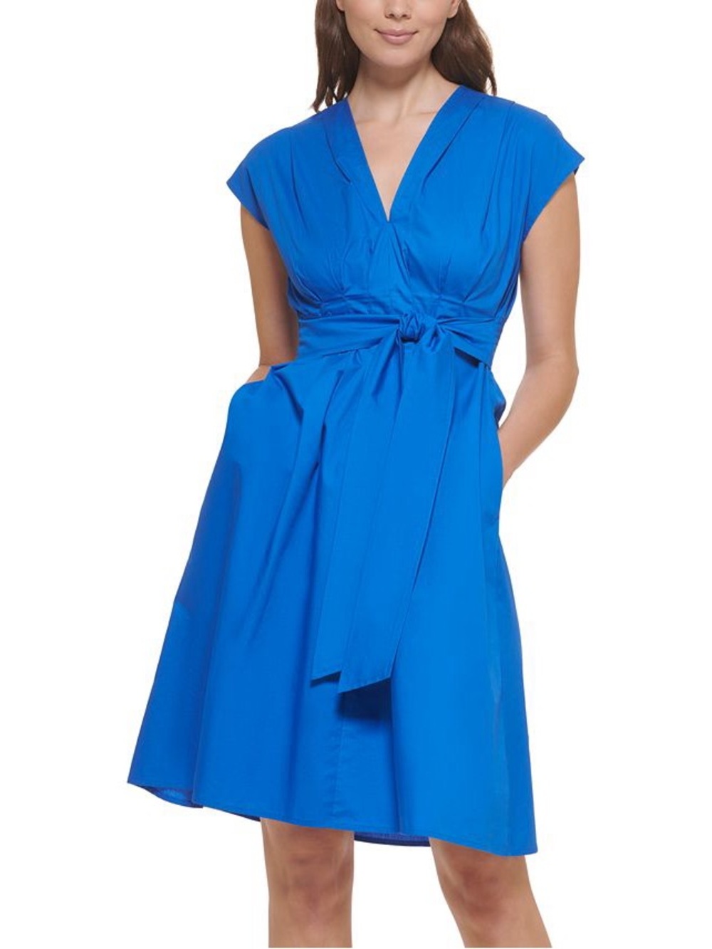 Pleated Shoulder V-Neck Cap Sleeve Cotton Poplin A-line Dress